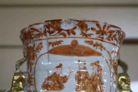 A pair of Chinese iron red and gilt porcelain vases, 19th century mounted as lamps